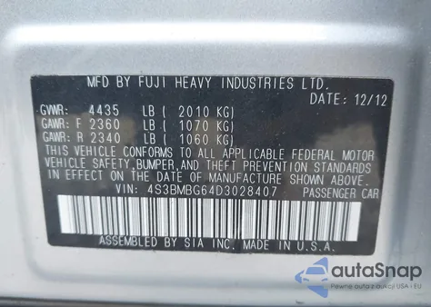 2013 Subaru Legacy 2.5 I Sport z USA, uszkodzony, nr VIN 4S3BMBG64D3028407